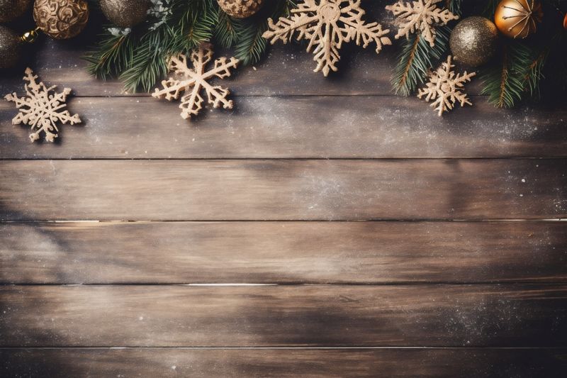 snowflakes decoration christmas gold text background card year new holiday christmas space tree. Generative AI.