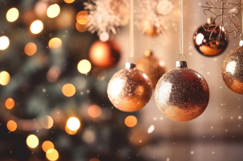 snowflakes holiday season gold decoration christmas christmas tree card background year new. Generative AI.