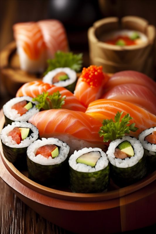 roll japanese set rice fish japan sushi meal seafood food. Generative AI.
