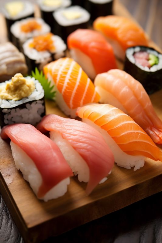 sushi food roll fish japan meal set rice japanese seafood. Generative AI.