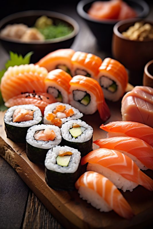 sushi meal japanese fish set japan food rice seafood roll. Generative AI.