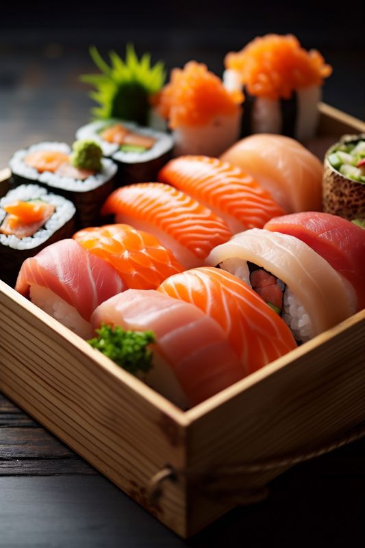 japan fish meal food seafood japanese set rice sushi roll. Generative AI.