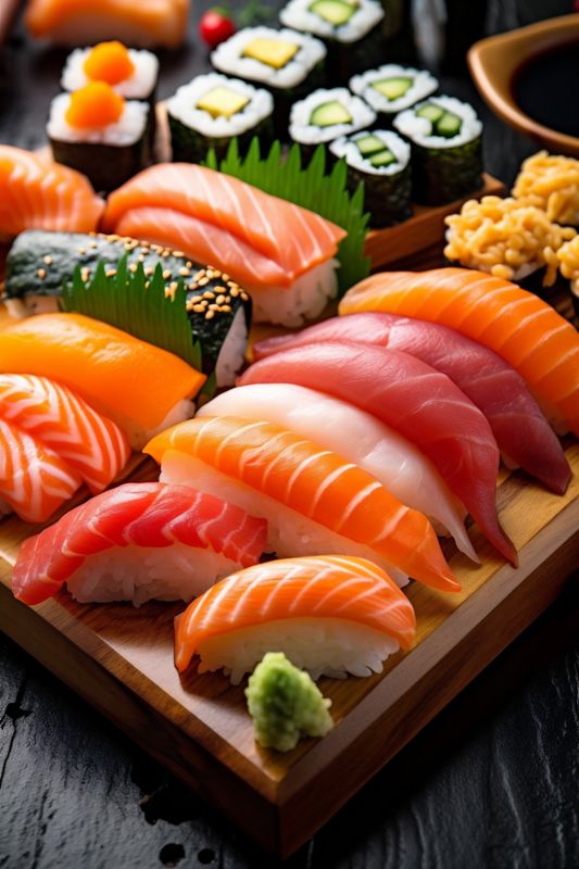 japanese meal seafood sushi japan set roll rice fish food. Generative AI.