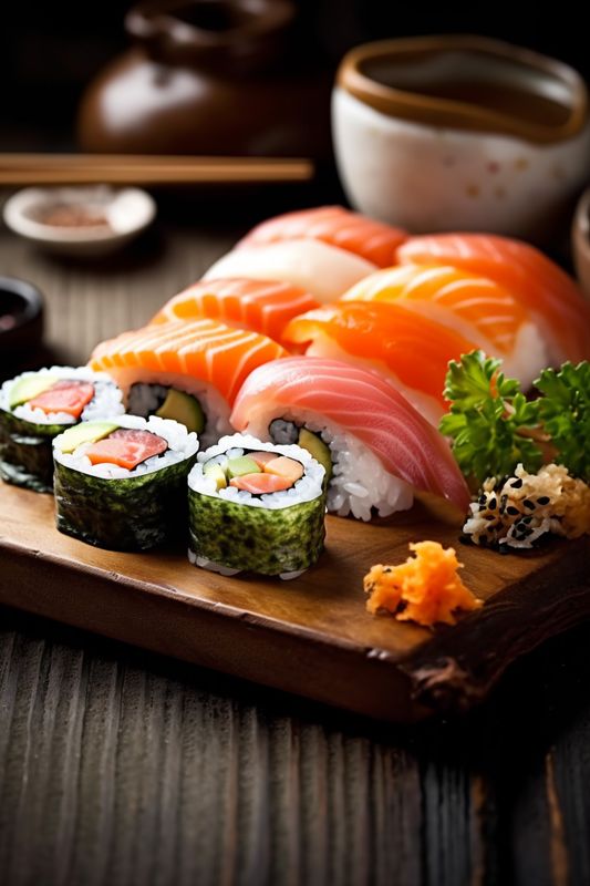 set japanese roll japan seafood sushi rice food fish meal. Generative AI.
