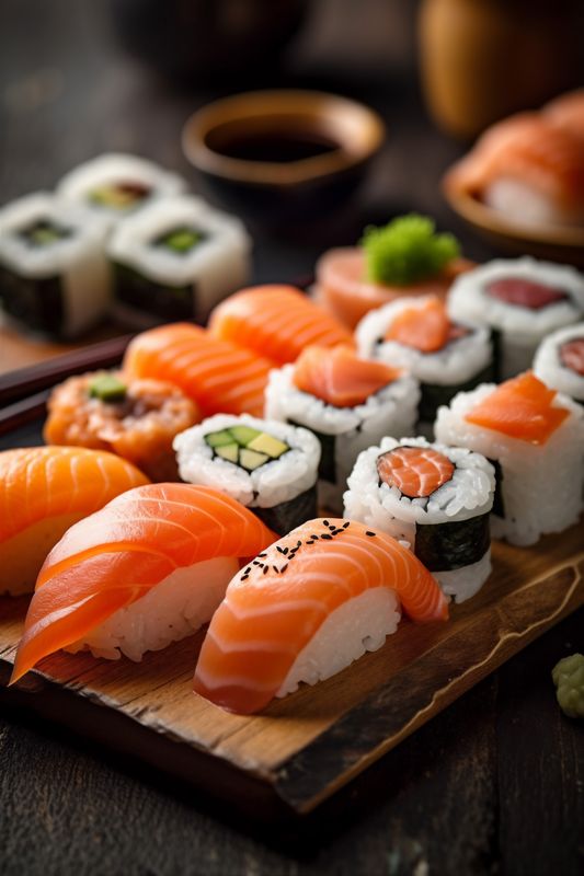 japan fish food rice meal roll japanese set seafood sushi. Generative AI.