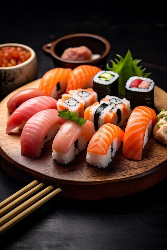 set fish rice sushi roll seafood japan food japanese meal. Generative AI.