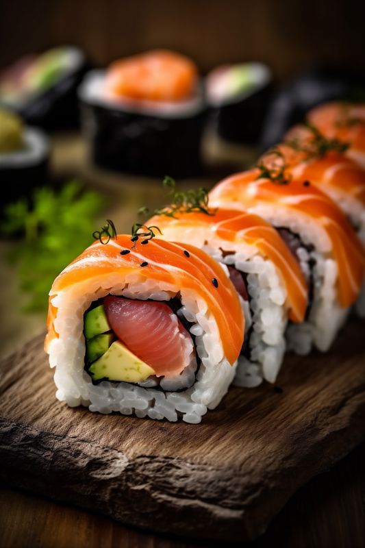 fish japanese rice food seafood meal set sushi roll japan. Generative AI.