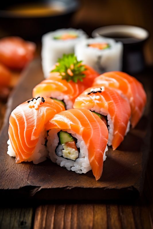 meal fish food set japanese sushi seafood roll japan rice. Generative AI.