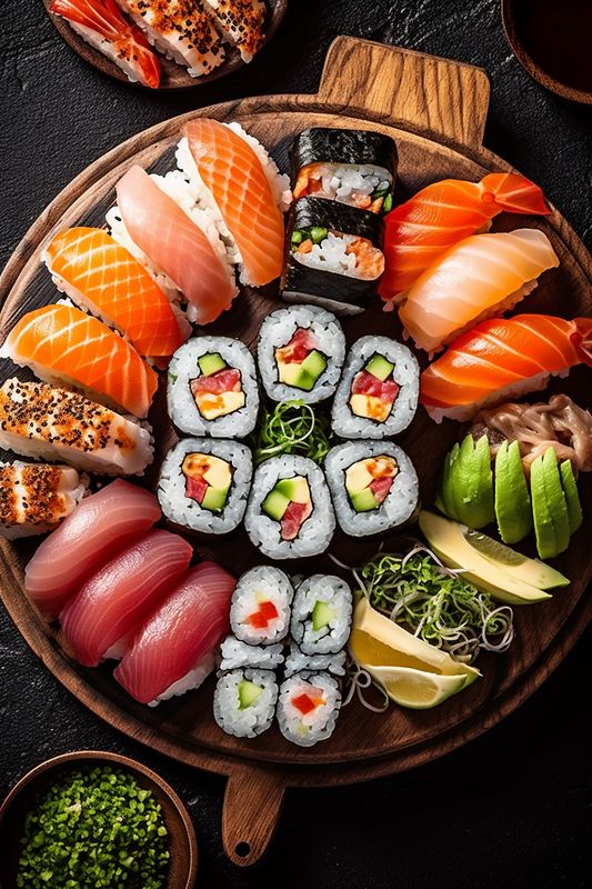 sushi rice fish food japanese japan set seafood roll meal. Generative AI.