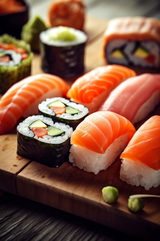 fish sushi japanese japan food roll meal set seafood rice. Generative AI.