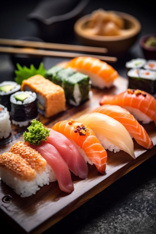 meal seafood set japanese roll sushi fish japan food rice. Generative AI.