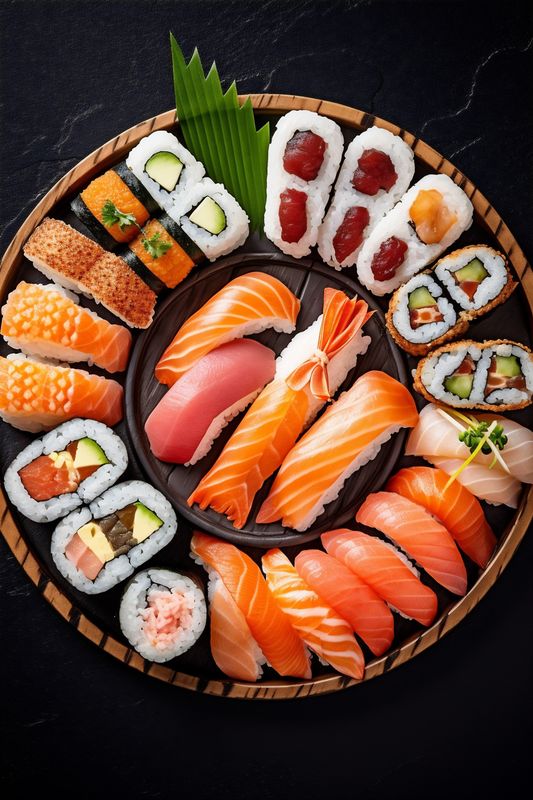 meal seafood sushi japanese food fish japan rice set roll. Generative AI.
