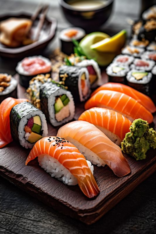 meal japan fish roll seafood rice japanese set food sushi. Generative AI.