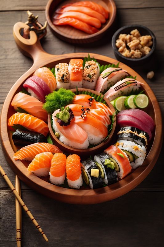 roll fish food sushi rice seafood set japan japanese meal. Generative AI.