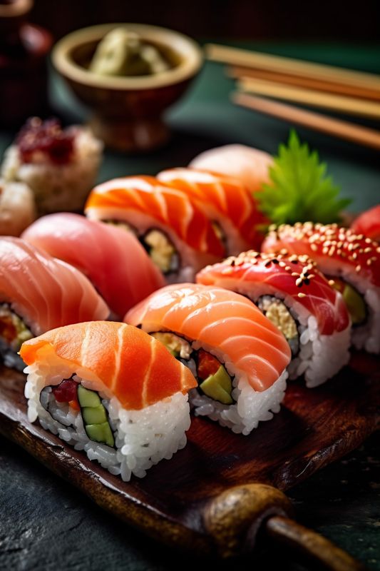 japanese fish roll sushi rice meal food seafood set japan. Generative AI.