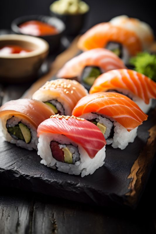 rice japan seafood fish roll japanese food set sushi meal. Generative AI.