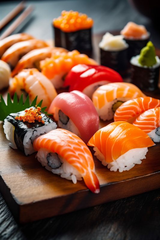 seafood meal roll set rice japan sushi food fish japanese. Generative AI.
