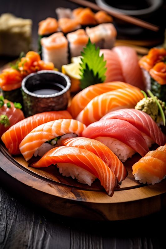 japanese japan set sushi fish food roll seafood meal rice. Generative AI.