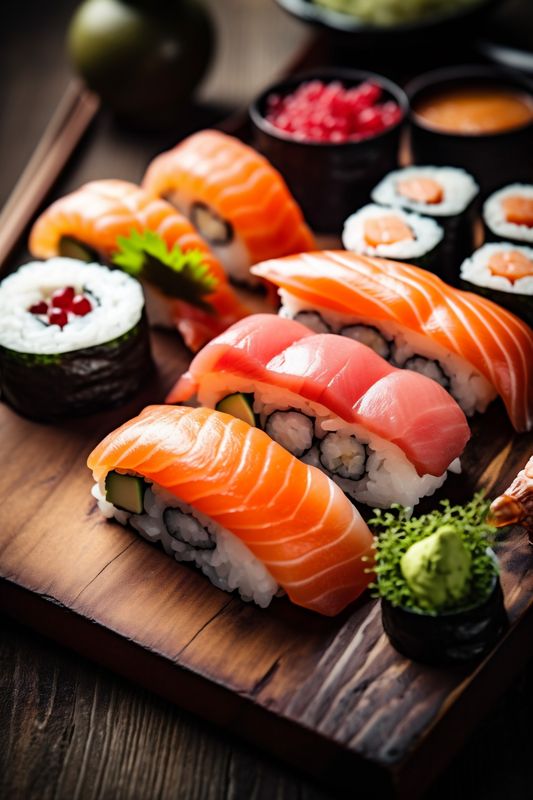 sushi japan roll fish food seafood set meal rice japanese. Generative AI.