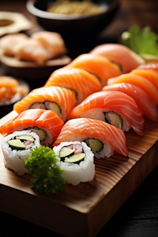 japanese fish roll sushi japan set food rice meal seafood. Generative AI.