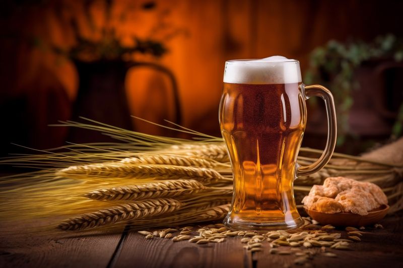 gold beer lager alcohol pub pint foam drink beverage glass. Generative AI.