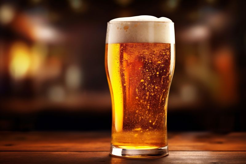 foam pint pub drink glass lager beverage gold beer alcohol. Generative AI.