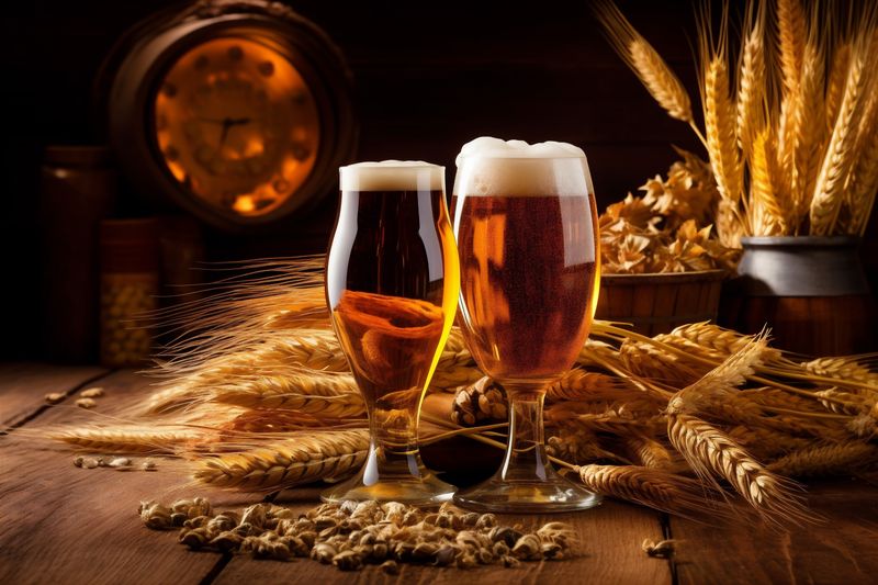 beer lager alcohol pint foam drink beverage glass gold pub. Generative AI.