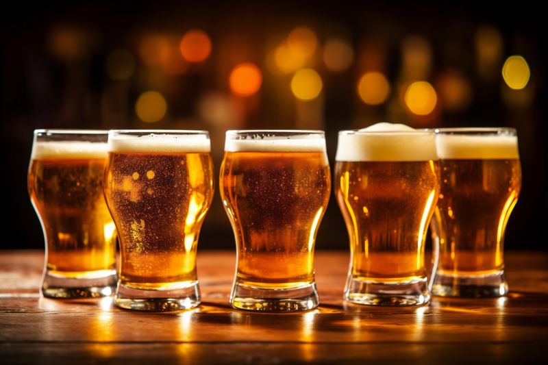 lager pub drink beer foam beverage alcohol gold pint glass. Generative AI.