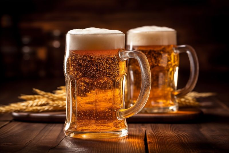 drink pint lager beer alcohol beverage glass foam pub gold. Generative AI.