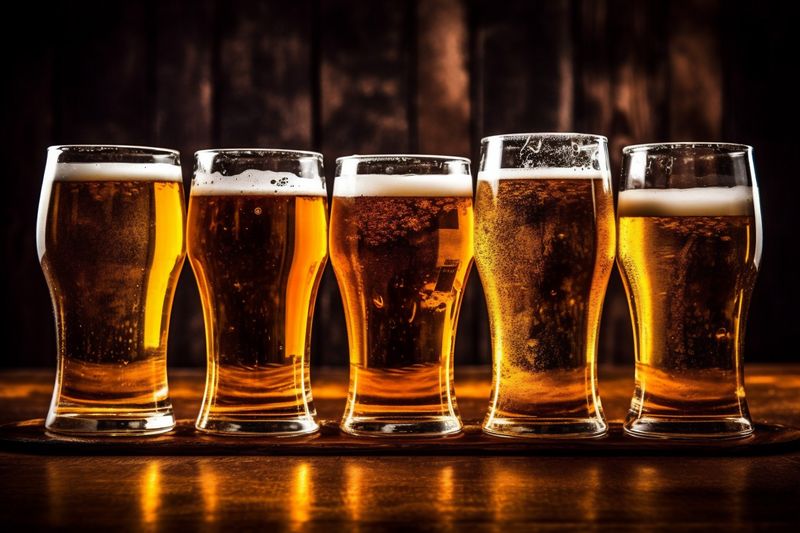 beverage lager alcohol glass beer pub gold pint foam drink. Generative AI.