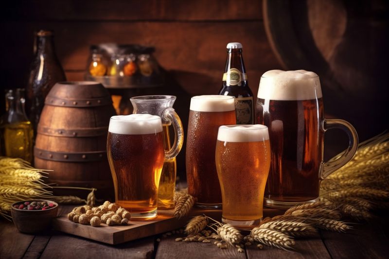 beverage lager drink foam beer pub gold alcohol pint glass. Generative AI.