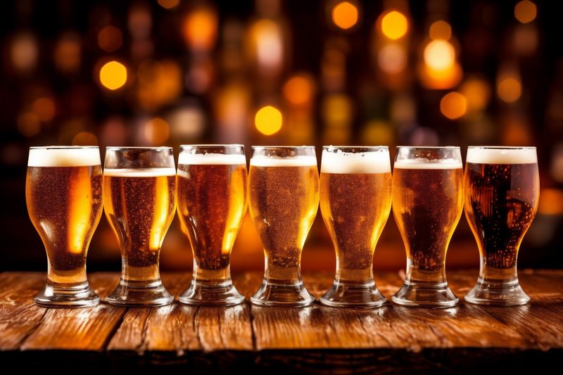 gold drink glass alcohol pint beer foam lager beverage pub. Generative AI.