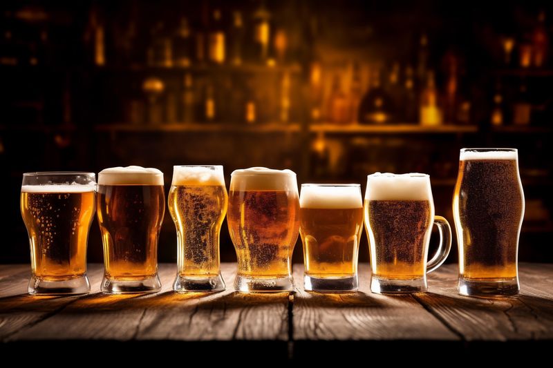 pint foam beverage pub drink gold lager glass alcohol beer. Generative AI.