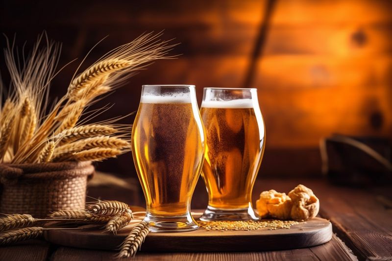 pint glass pub beverage lager gold drink alcohol foam beer. Generative AI.