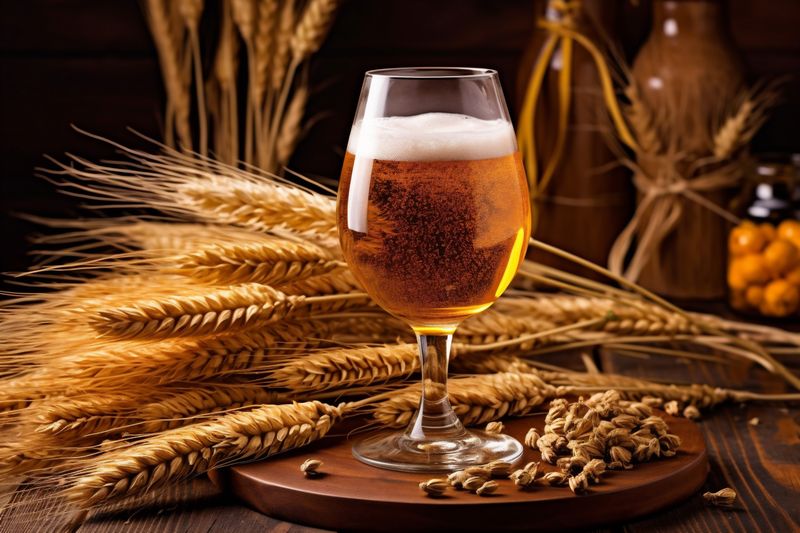 foam beer alcohol beverage lager drink glass pub pint gold. Generative AI.