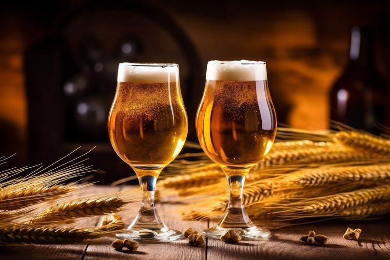 foam beer pint pub drink gold lager alcohol beverage glass. Generative AI.