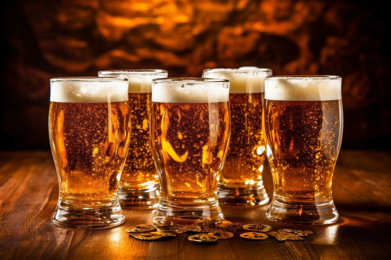 pub beverage lager pint drink beer foam glass gold alcohol. Generative AI.