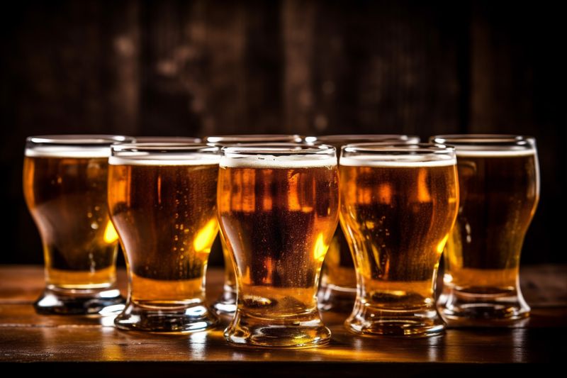 glass beverage lager pub pint alcohol foam gold drink beer. Generative AI.