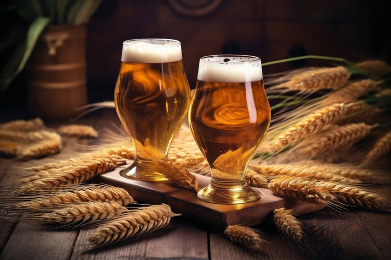 gold foam beverage lager alcohol pint glass beer drink pub. Generative AI.
