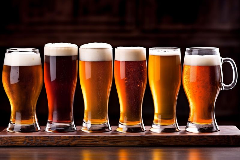 pub gold glass pint beverage drink alcohol beer lager foam. Generative AI.