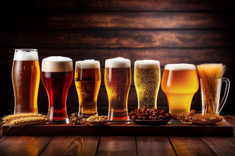 alcohol lager pub beer drink gold glass foam pint beverage. Generative AI.