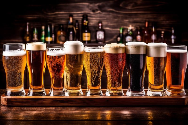 glass lager pub alcohol pint foam beverage beer gold drink. Generative AI.