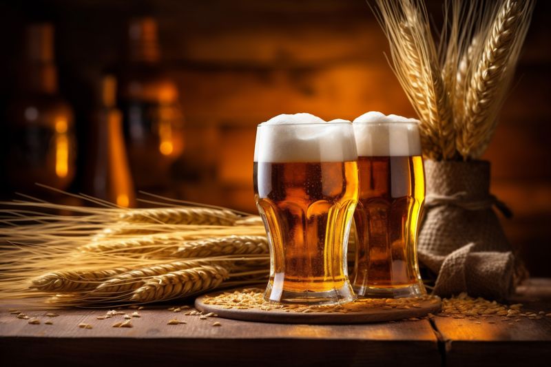 drink alcohol beer beverage foam glass lager pub pint gold. Generative AI.