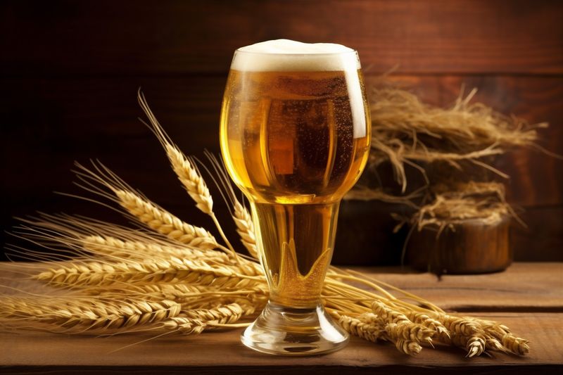 alcohol pub foam lager beverage pint beer glass gold drink. Generative AI.