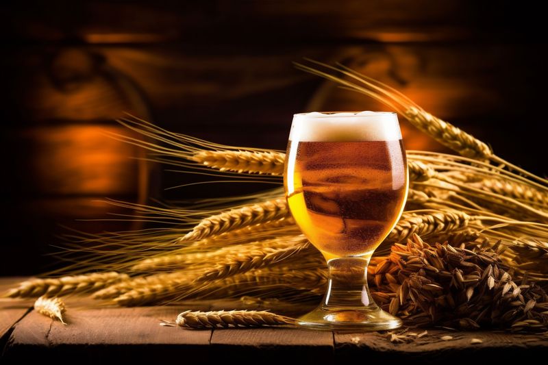 gold pub beverage lager foam pint glass drink beer alcohol. Generative AI.