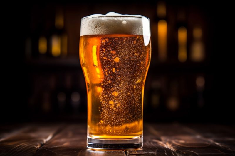 drink alcohol lager beer foam glass beverage gold pint pub. Generative AI.