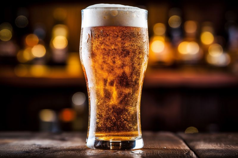 pub glass beer beverage gold lager pint drink alcohol foam. Generative AI.