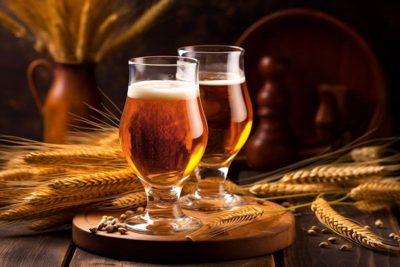 pint pub glass beverage alcohol gold beer lager foam drink. Generative AI.