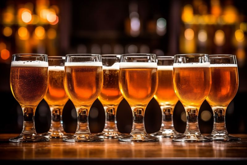 drink lager gold pint beer alcohol foam beverage glass pub. Generative AI.