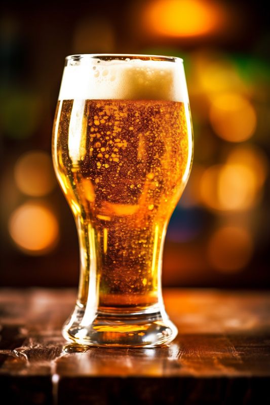 gold glass lager beer pub drink beverage pint foam alcohol. Generative AI.